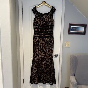 Tadashi Shoji Black Lace Overlay Maxi Dress with Nude Underlayer.